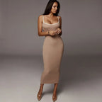 Ribbed Knit Spaghetti Strap Contrast Trim Scoop Neck Midi Dress