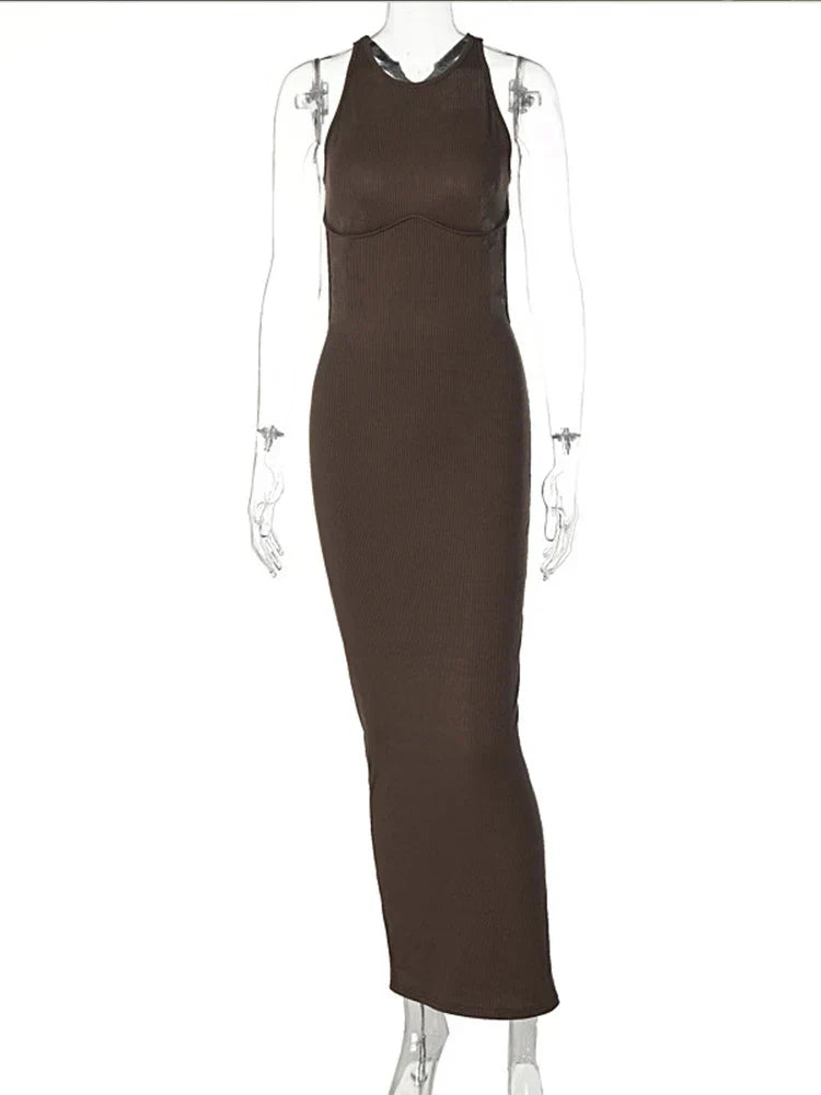 Ribbed Knit Crew Neck Sleeveless Bodycon Maxi Dress