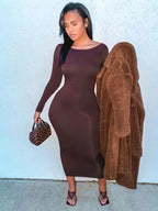 Crew Neck Long Sleeve Bodycon Midi Dress