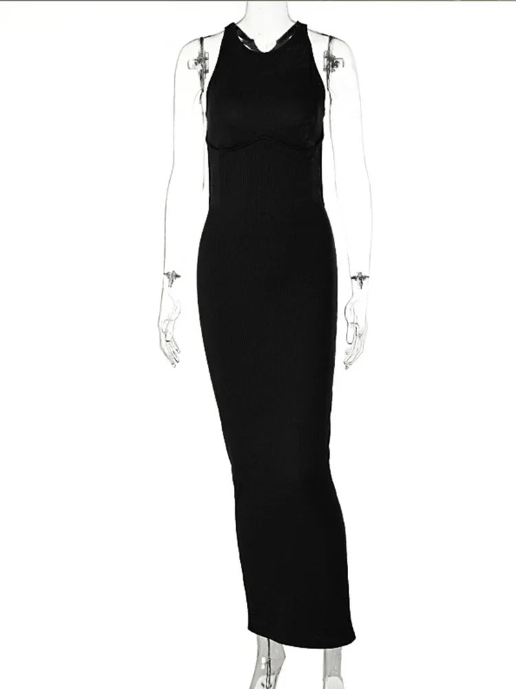 Ribbed Knit Crew Neck Sleeveless Bodycon Maxi Dress
