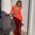Tie Front Cutout Side Ruffle Asymmetric Hem Long Sleeve Maxi Dress