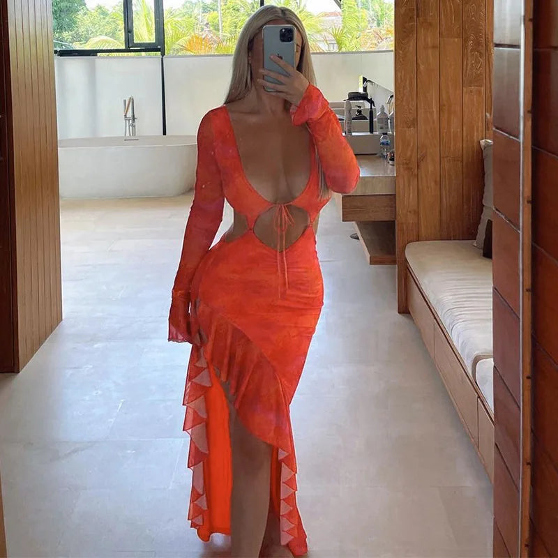 Tie Front Cutout Side Ruffle Asymmetric Hem Long Sleeve Maxi Dress