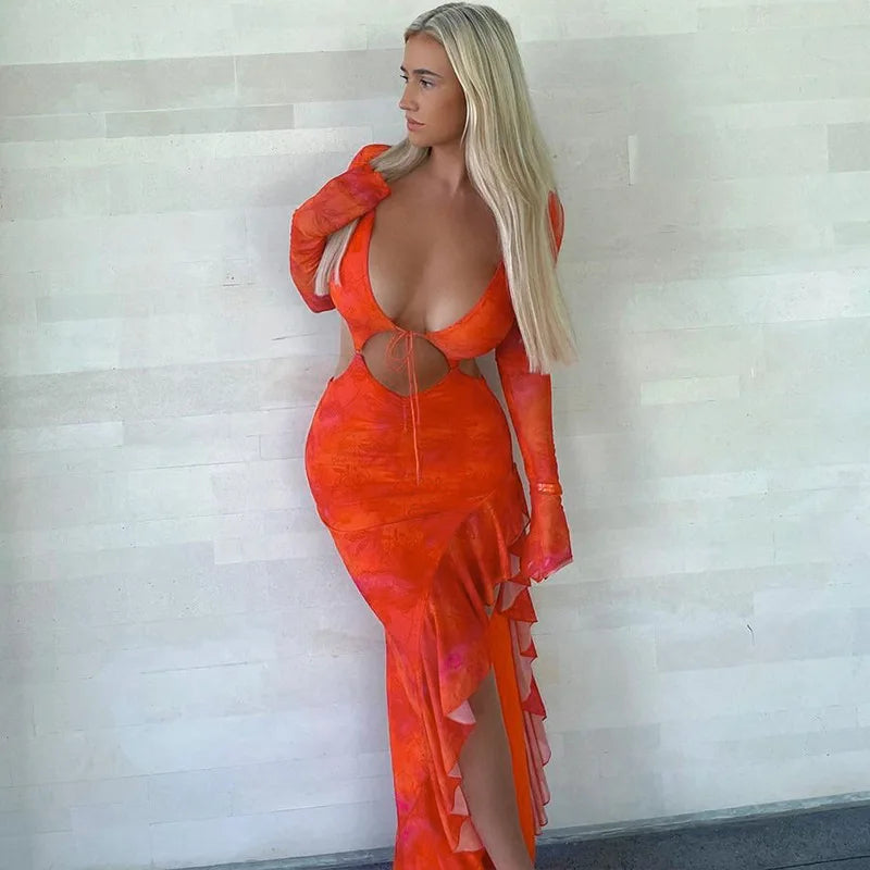 Tie Front Cutout Side Ruffle Asymmetric Hem Long Sleeve Maxi Dress