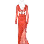 Tie Front Cutout Side Ruffle Asymmetric Hem Long Sleeve Maxi Dress