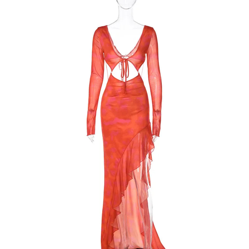 Tie Front Cutout Side Ruffle Asymmetric Hem Long Sleeve Maxi Dress