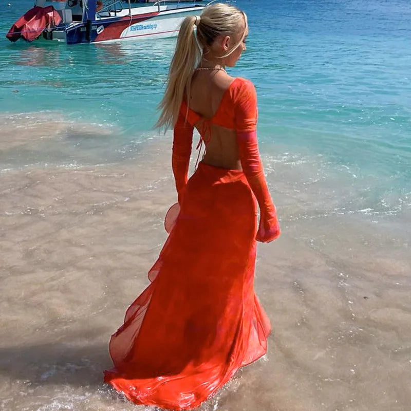 Tie Front Cutout Side Ruffle Asymmetric Hem Long Sleeve Maxi Dress