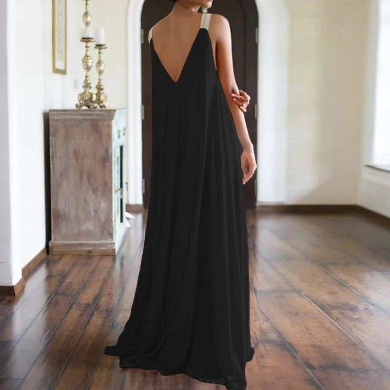 Chiffon Deep V-Neck Wide Strap Flowy Pleated Maxi Dress