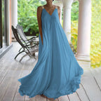 Chiffon Deep V-Neck Wide Strap Flowy Pleated Maxi Dress