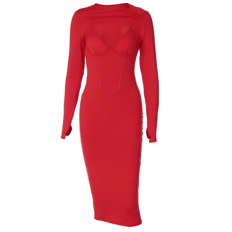 Mesh Long Sleeve Thumbhole Mock Neck Corset Bustier Cutout Bodycon Midi Dress