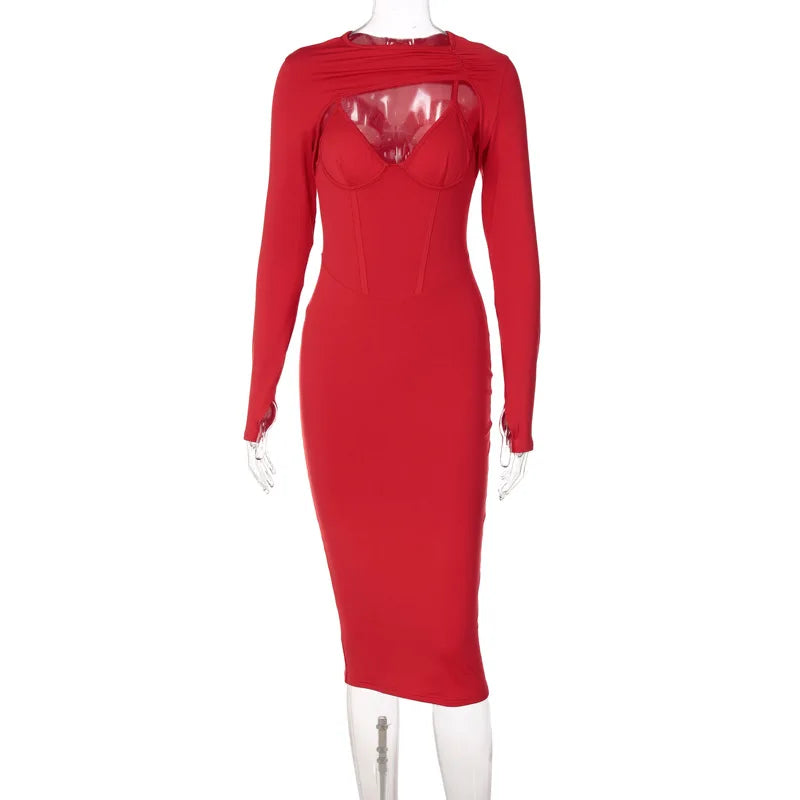 Mesh Long Sleeve Thumbhole Mock Neck Corset Bustier Cutout Bodycon Midi Dress