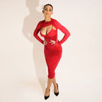 Mesh Sleeve Cutout Corset Bodice Bodycon Midi Dress