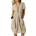 Short Sleeve V-Neck Patch Pocket Pleated Bodice Midi Dress