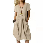 Short Sleeve V-Neck Patch Pocket Pleated Bodice Midi Dress