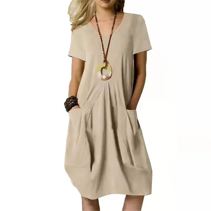 Short Sleeve V-Neck Patch Pocket Pleated Bodice Midi Dress