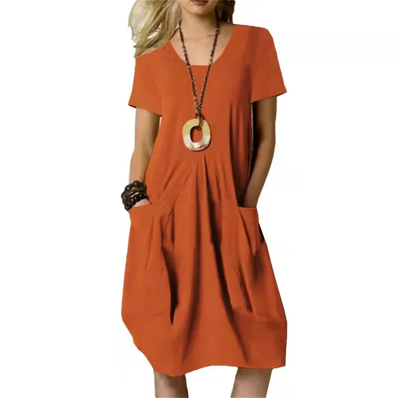 Short Sleeve V-Neck Patch Pocket Pleated Bodice Midi Dress