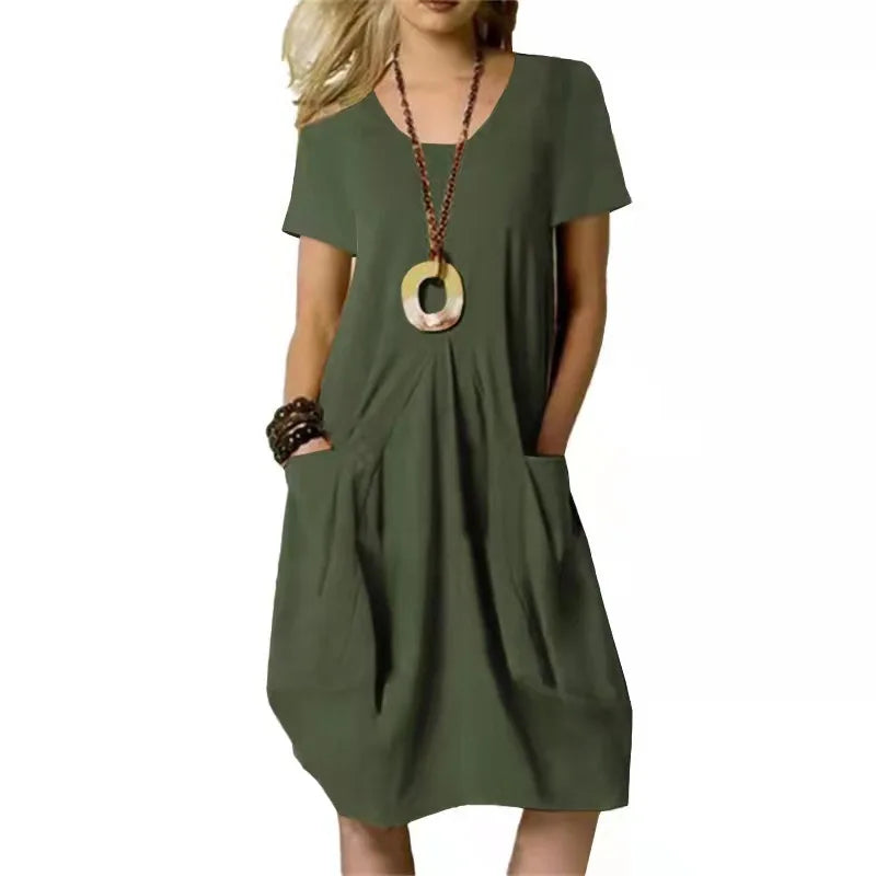 Short Sleeve V-Neck Patch Pocket Pleated Bodice Midi Dress