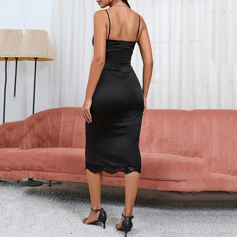 Lace Trim Corset Lace Up Scalloped Hem Spaghetti Strap Midi Dress