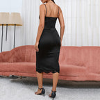 Lace Trim Corset Lace Up Scalloped Hem Spaghetti Strap Midi Dress