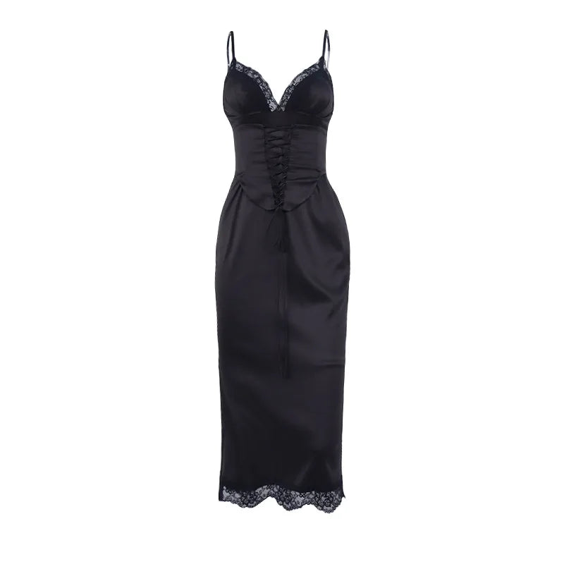 Satin Lace Trim V-Neck Corset Lace Up Scalloped Hem Midi Dress
