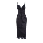Satin Lace Trim V-Neck Corset Lace Up Scalloped Hem Midi Dress