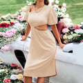 One Shoulder Puff Sleeve Waist Cut Out A-Line Midi Dress