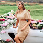 One Shoulder Puff Sleeve Waist Cut Out A-Line Midi Dress