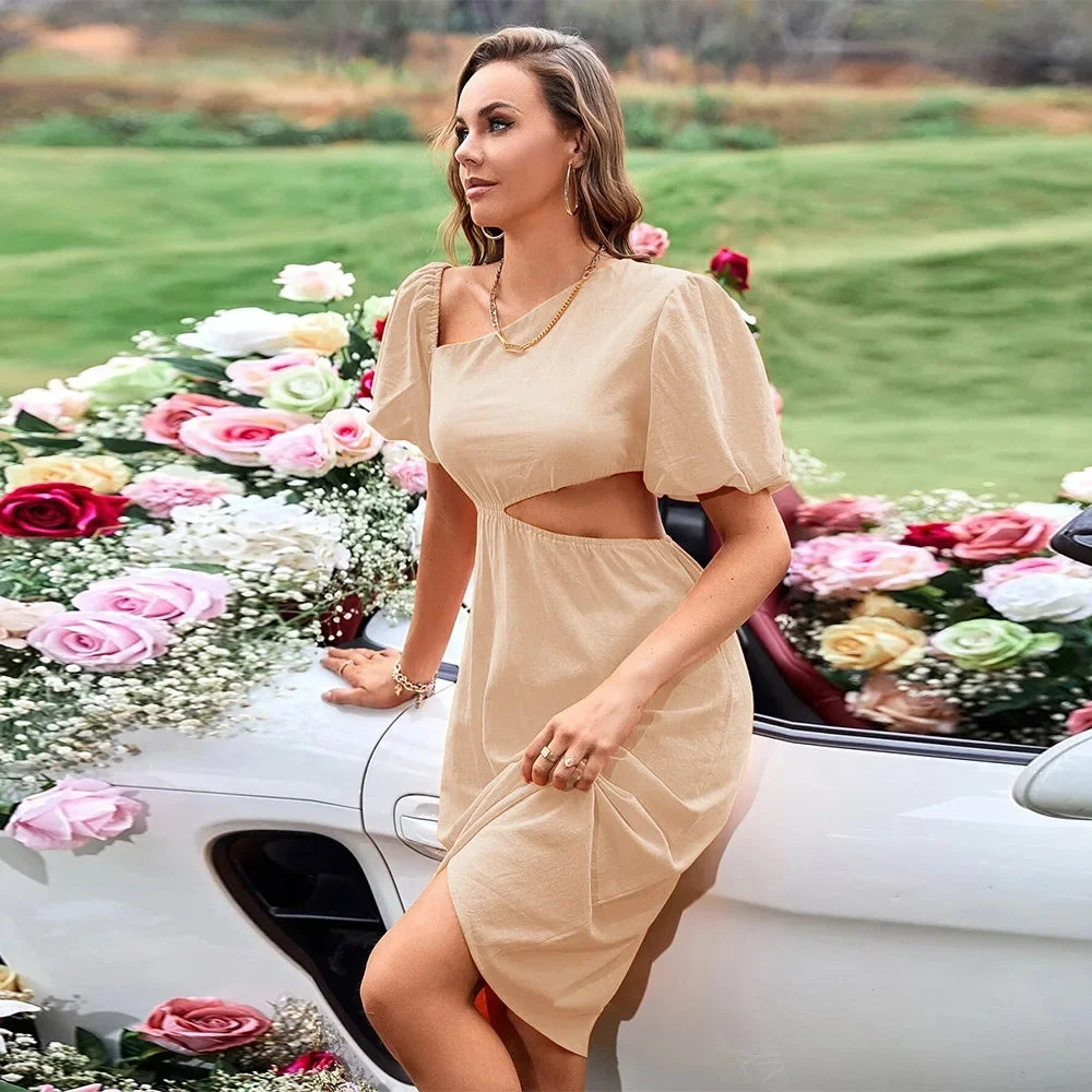 One Shoulder Puff Sleeve Waist Cut Out A-Line Midi Dress