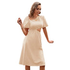 One Shoulder Puff Sleeve Waist Cut Out A-Line Midi Dress