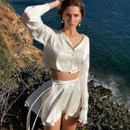 Satin Button Front Crop Shirt and Wrap Tie Ruffle Hem Mini Skirt Set