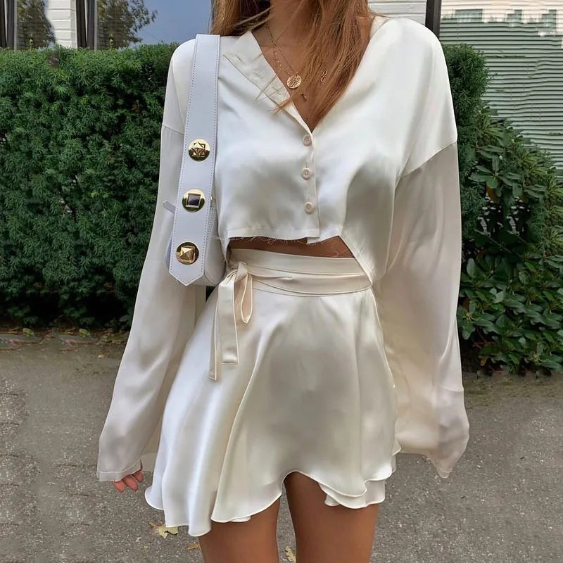 Satin Button Front Crop Shirt and Wrap Tie Ruffle Hem Mini Skirt Set