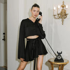 Satin Button Front Crop Shirt and Wrap Tie Ruffle Hem Mini Skirt Set