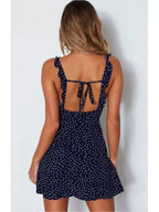 Polka Dot Ruffle Strap Deep V-Neck Fit and Flare Mini Dress