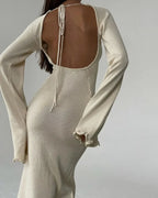 Open Back Tie Detail Rib Knit Lettuce Hem Trumpet Maxi Dress