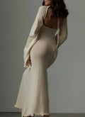 Open Back Tie Detail Rib Knit Lettuce Hem Trumpet Maxi Dress