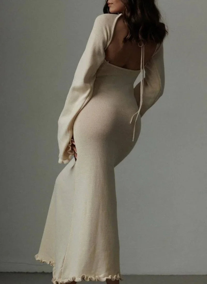 Open Back Tie Detail Rib Knit Lettuce Hem Trumpet Maxi Dress