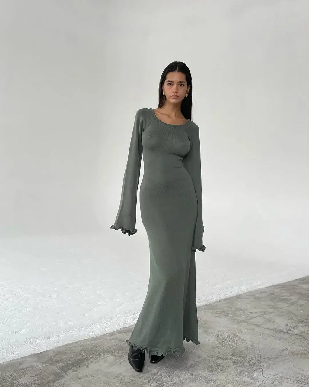 Open Back Tie Detail Rib Knit Lettuce Hem Trumpet Maxi Dress