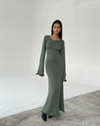 Open Back Tie Detail Rib Knit Lettuce Hem Trumpet Maxi Dress
