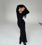 Open Back Tie Detail Rib Knit Lettuce Hem Trumpet Maxi Dress