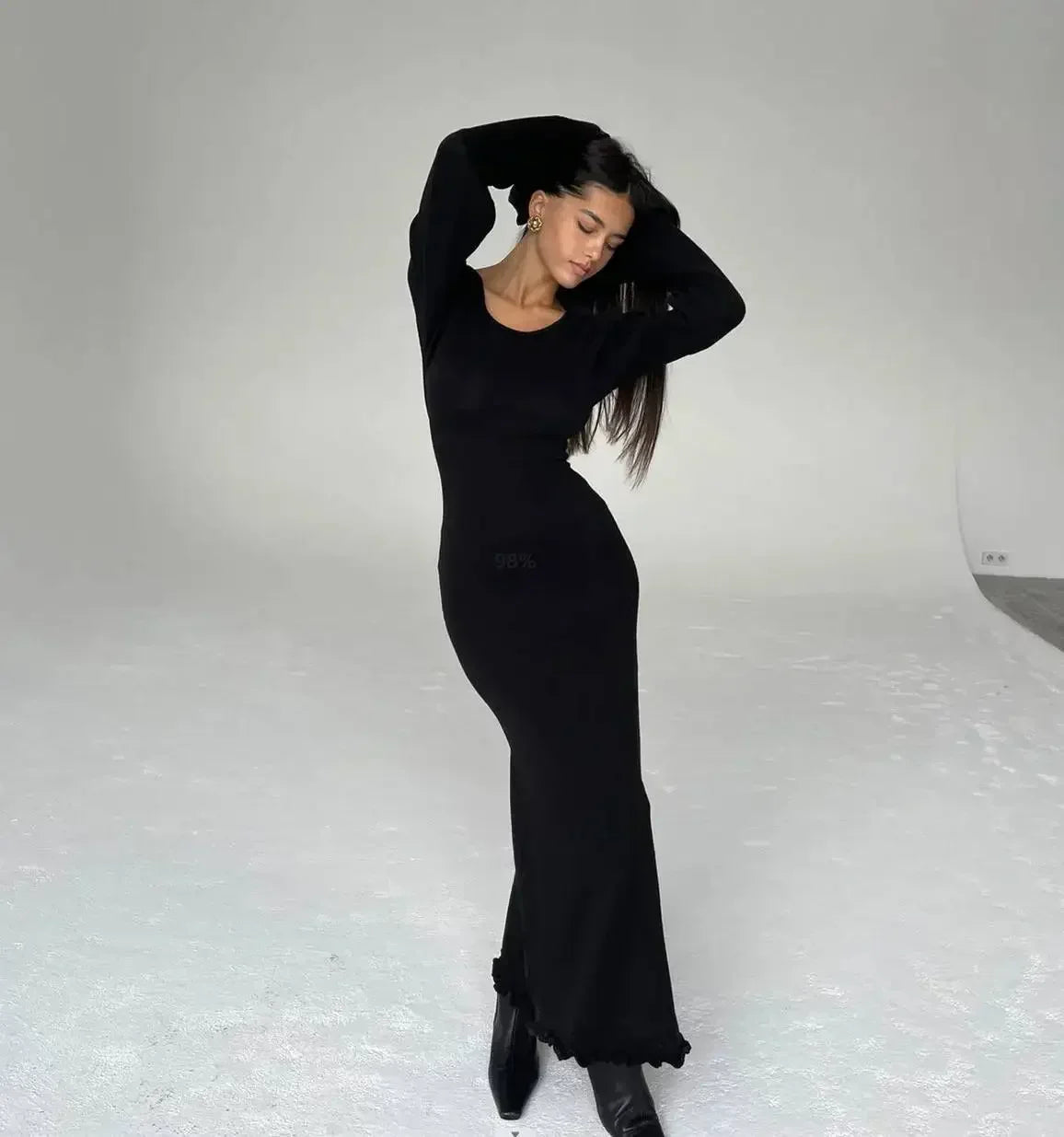 Open Back Tie Detail Rib Knit Lettuce Hem Trumpet Maxi Dress