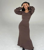 Open Back Tie Detail Rib Knit Lettuce Hem Trumpet Maxi Dress