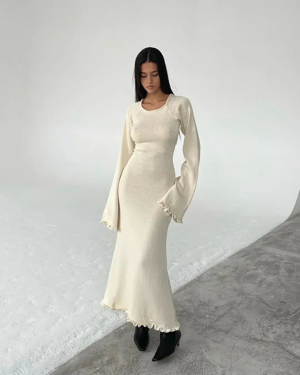 Open Back Tie Detail Rib Knit Lettuce Hem Trumpet Maxi Dress