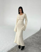 Open Back Tie Detail Rib Knit Lettuce Hem Trumpet Maxi Dress