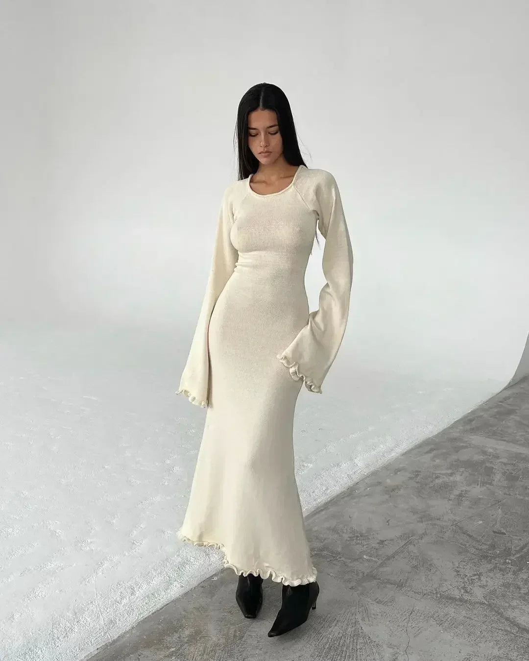 Open Back Tie Detail Rib Knit Lettuce Hem Trumpet Maxi Dress