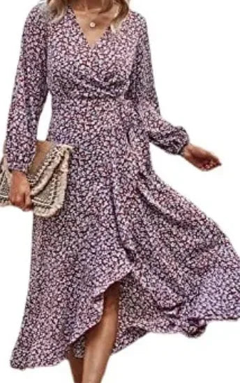 Wrap V-Neck Balloon Sleeve Ruffle Trim High-Low Hem Floral Midi Dress