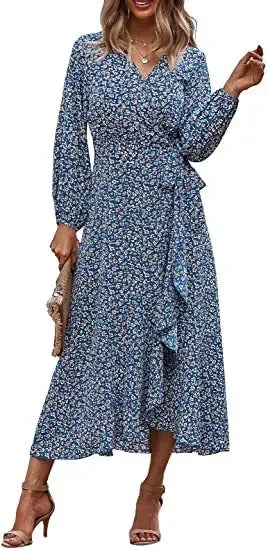 Wrap V-Neck Balloon Sleeve Ruffle Trim High-Low Hem Floral Midi Dress