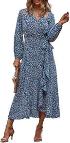 Wrap V-Neck Balloon Sleeve Ruffle Trim High-Low Hem Floral Midi Dress