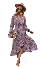 Wrap V-Neck Balloon Sleeve Ruffle Trim High-Low Hem Floral Midi Dress