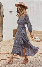 Wrap V-Neck Balloon Sleeve Ruffle Trim High-Low Hem Floral Midi Dress