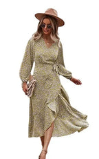 Wrap V-Neck Balloon Sleeve Ruffle Trim High-Low Hem Floral Midi Dress