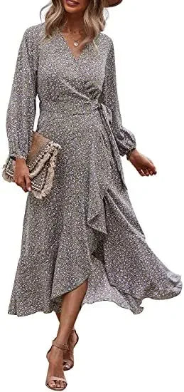 Wrap V-Neck Balloon Sleeve Ruffle Trim High-Low Hem Floral Midi Dress